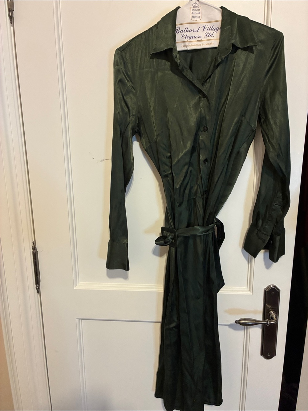 ZARA Dark Green Satin Button-Front Dress with Waist Tie 👵MT
